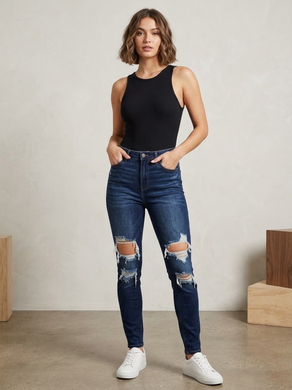 Fashion Nova High Rise Distressed Skinny Jeans Dark Wash Size 7 Ripped Denim